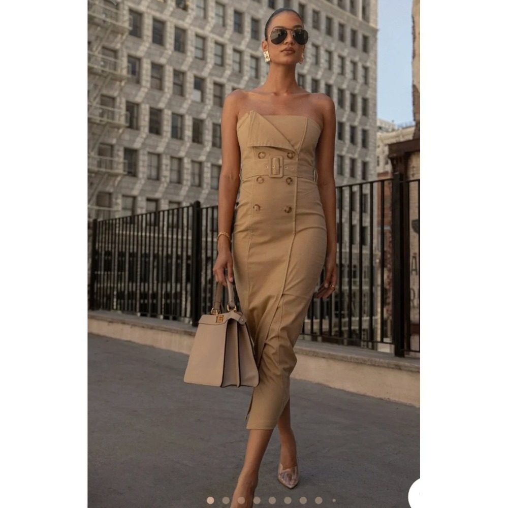 JLUXLABEL Khaki Asymmetric Belted Midi Dress M Strapless Trench Chic NWT No Belt